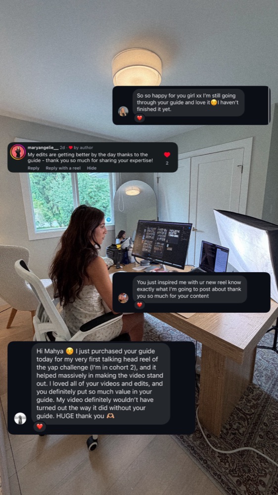 Story collage of messages from guide buyers: one says her edits are getting better by the day thanks to the guide