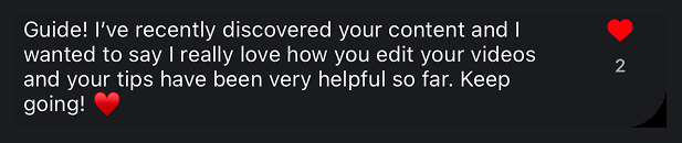 A comment from a follower praising Mahya's editing guide