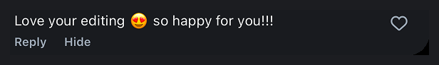 A comment from a follower praising Mahya's editing guide