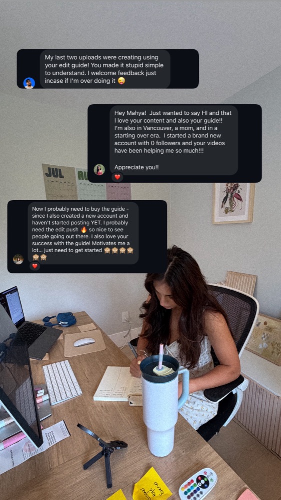 Story collage of messages from guide buyers: one says the guide made editing stupid simple to understand