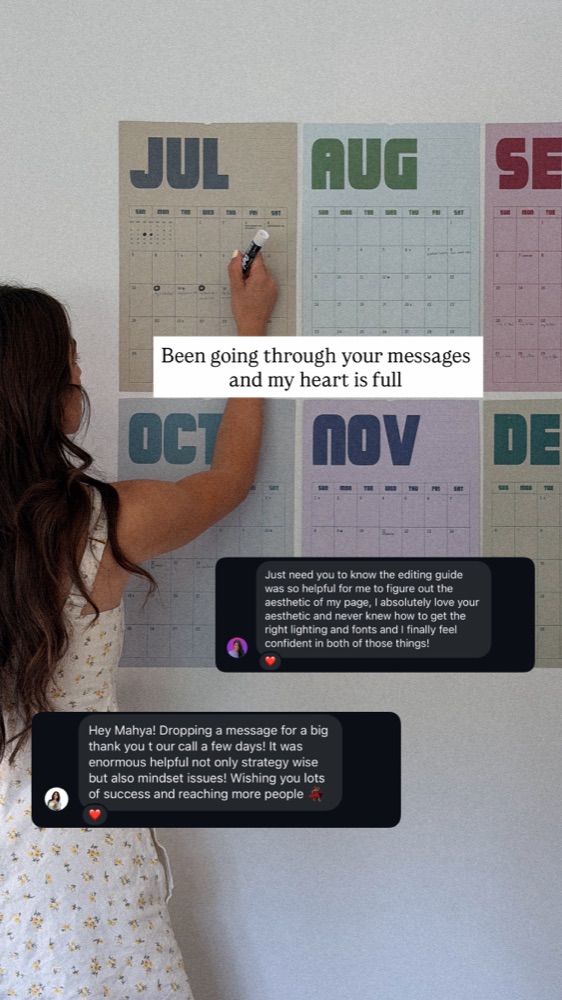 Story collage of messages from guide buyers: one says the guide helped her figure out the aesthetic of her page and finally feel confident with lighting and fonts