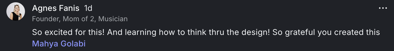 Comment from Agnes Fanis in the YAP CUT community: learning how to think thru the design!