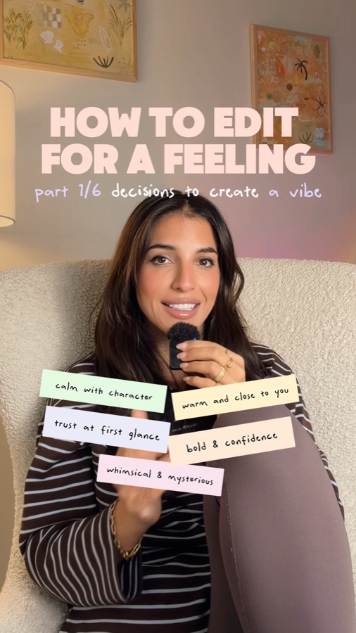 The same reel edited: hook title on top, her fonts, vibe-word labels